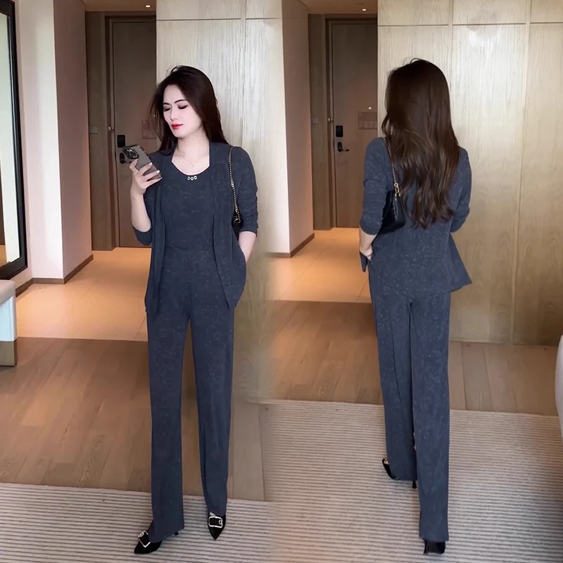 拉夏贝尔休闲时尚套装2025春秋新款减龄上衣开衫时髦休闲裤三件套