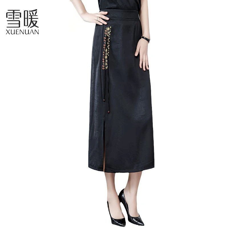 夏季新款新中式国风开叉刺绣宽松直筒气质高腰半身裙晚宴场合女装