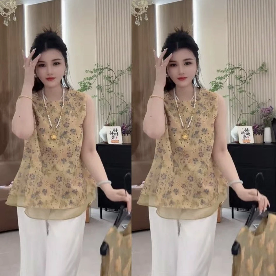 水新中式立体花朵刺绣假两件无袖背心夏季新款拼接小衫