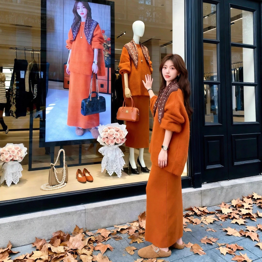 巨好看的冬装一整套慵懒风宽松软糯毛针织衫上衣显瘦半身裙套装女