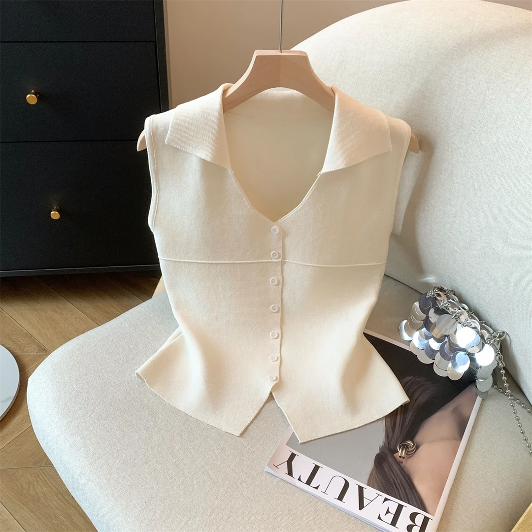 2025夏季法式polo领无袖杏色背心针织衫女别致独特小个子短款上衣