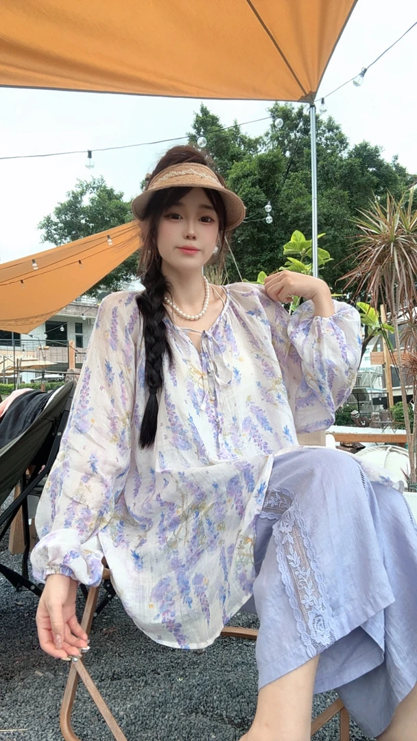 802法式宽松花色百搭夏季薄款衬衫上衣