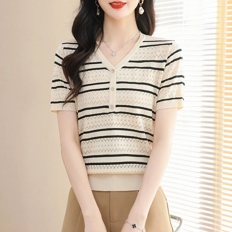 夏季100%天丝女士V领宽松显瘦套头百搭减龄短款时尚短袖针织衫