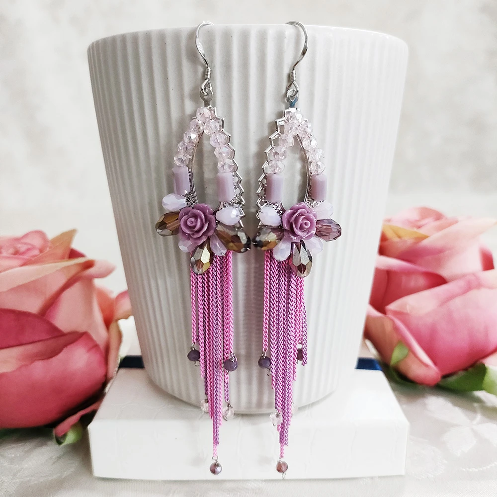 铜合金玻璃耳饰 民族风手工流苏耳环波西米亚长款编织耳饰3167