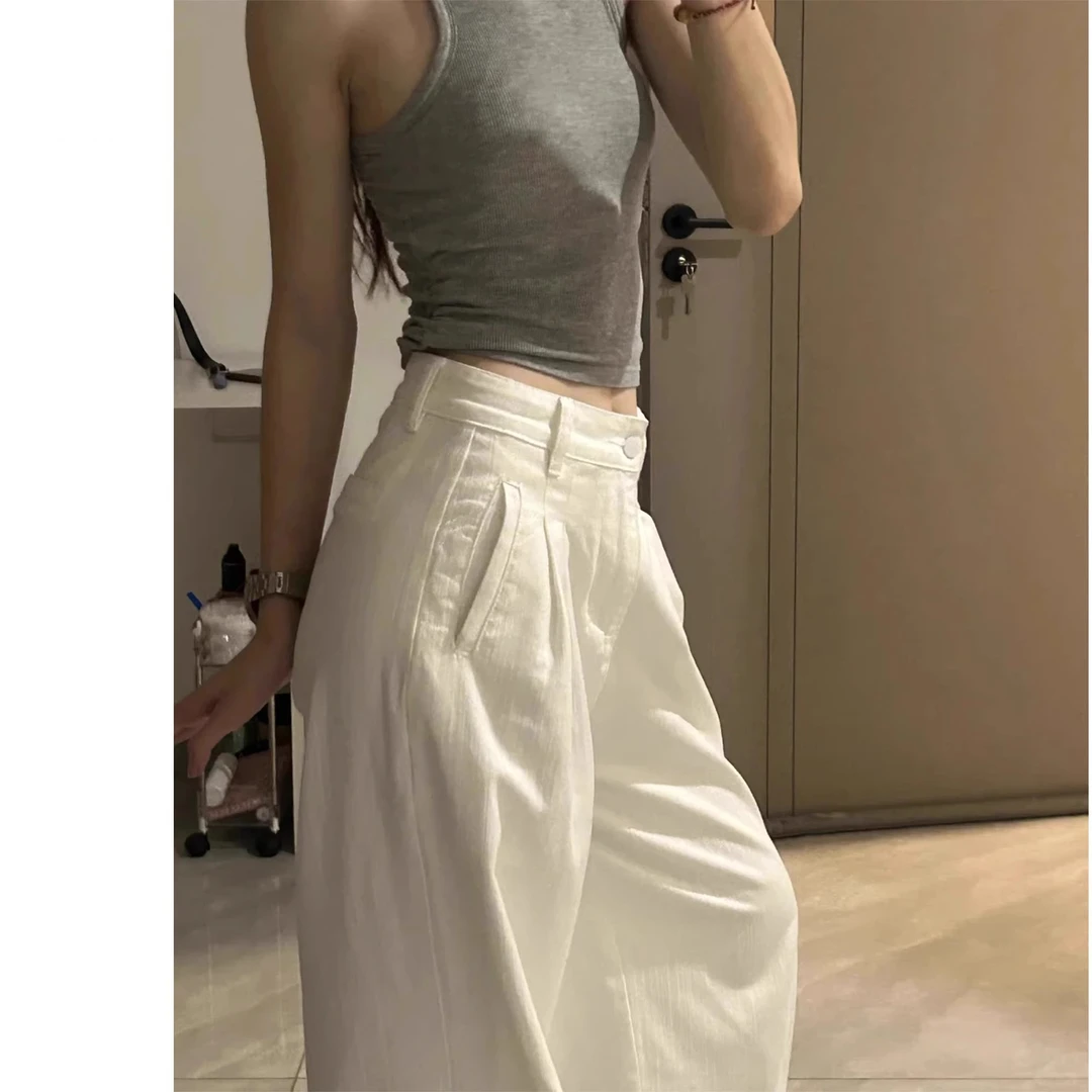 白色高腰阔腿牛仔裤女2025年早春新款宽松显瘦慵懒垂感拖地直筒裤