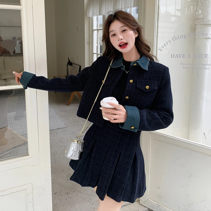 藏青名媛气质牛仔拼接小香风套装裙女秋2024新款法式百褶裙两件套
