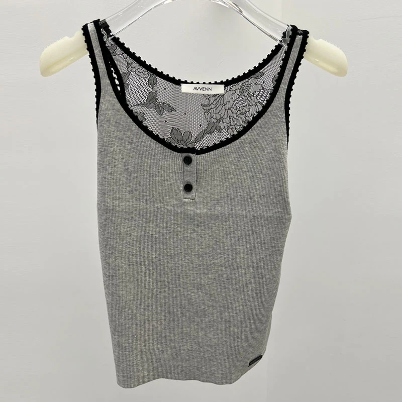 AVVENN2025夏季设计师新品圆领针织蕾丝拼接背心