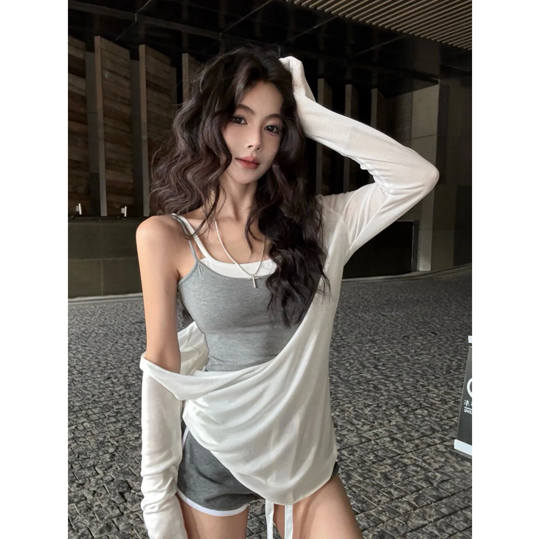 纯欲风性感辣妹吊带背心叠穿长袖防晒罩衫女2025夏季运动套装