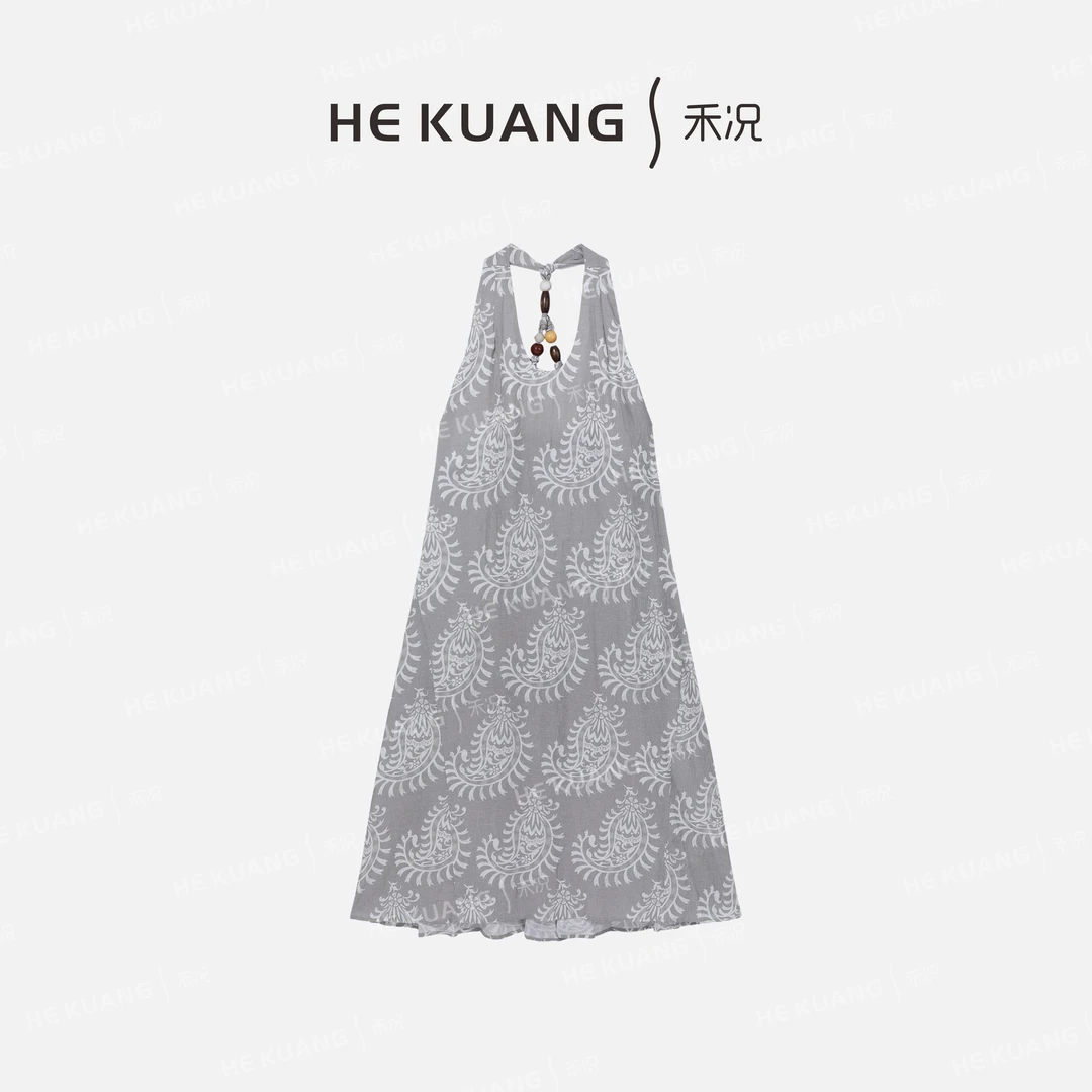 禾况HEKUANG【蒹葭苍花】亚麻百搭提花印花度假风连衣裙L652 0259