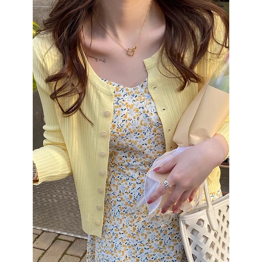 韩版百搭黄色防晒针织开衫女夏季薄款气质小外套显瘦圆领外搭上衣