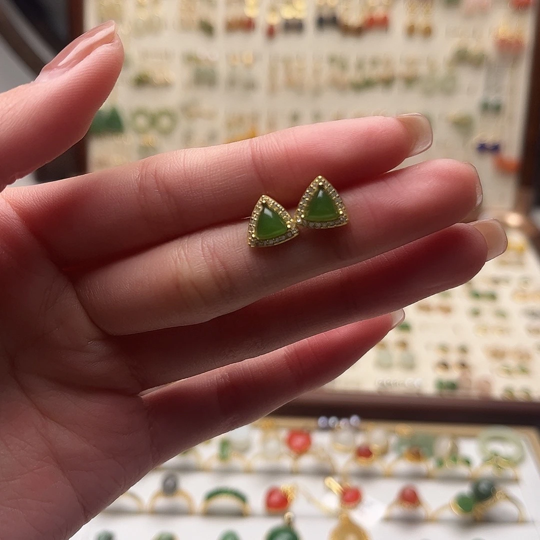 和田玉银S925镀金镶嵌耳饰