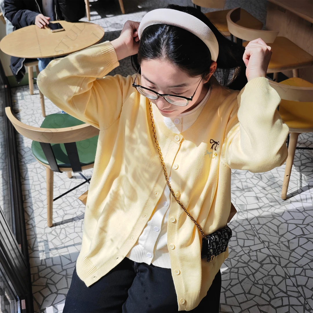 LOV3春季新款韩系蝴蝶结假两件慵懒风针织开衫女外穿宽松毛衣