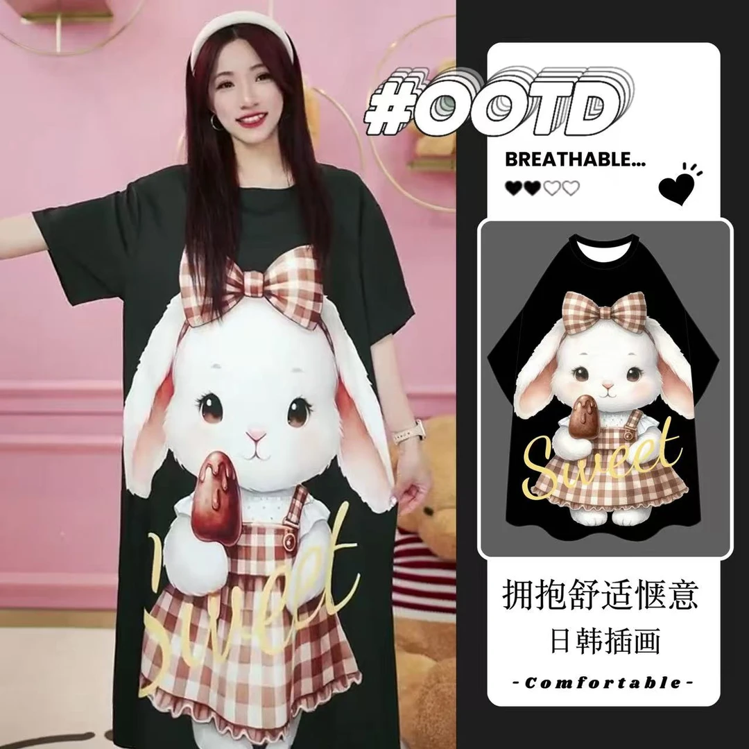 休闲显瘦中裙透气夏季女薄款睡裙卡通宽松舒适韩版连衣裙睡衣