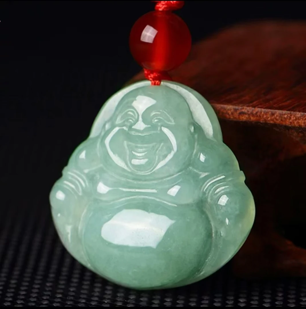 翠色笑口常开弥勒佛项链吊坠仿玉石玻璃情侣挂坠项坠11