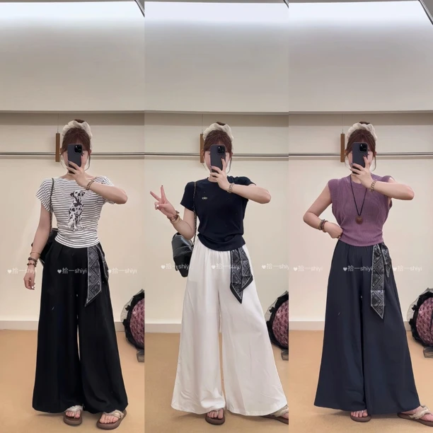 拾一 甩甩裤 小个子百搭松紧腰阔腿裤配丝带