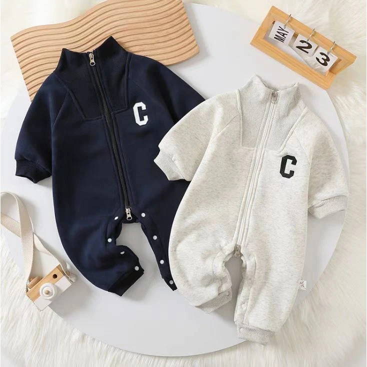 【加绒】新款秋冬款男女宝宝舒适简约立领C标连体哈衣棒球服童装
