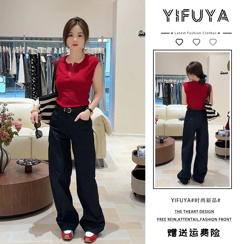 复古港风欧美风见外包装polo领红色T恤百搭套装藏蓝色阔腿裤显瘦
