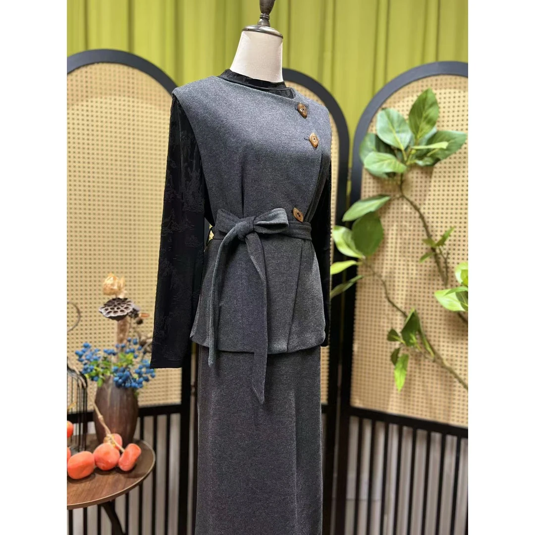 戚薇原创【寻常日子】衣长60裙长80秋冬中式国风女士毛呢针织三件套