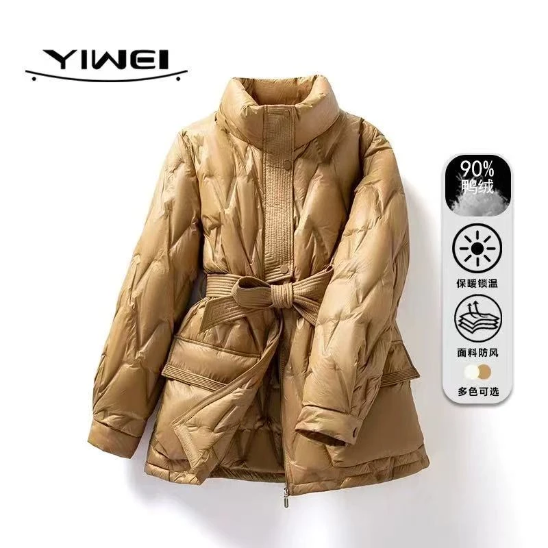 厚款长袖单排扣羽绒服立领宽松女士冬季锁温连帽休闲中长款