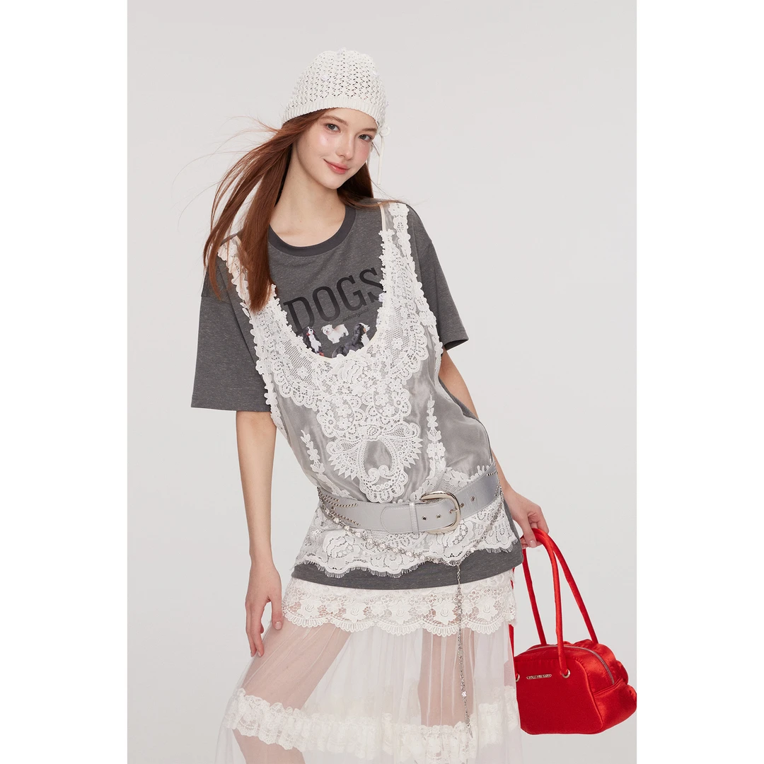 【樱木花菜】假两件蕾丝背心T恤裙1607-2