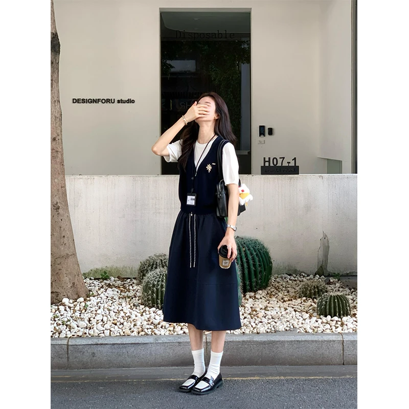 MARIE.COCO夏季新款学院风假两件短袖上衣气质高腰抽绳半身裙套装