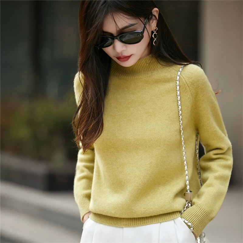 通勤风25秋冬新款七针加厚半高领针织羊毛衫女宽松大码插肩袖毛衣