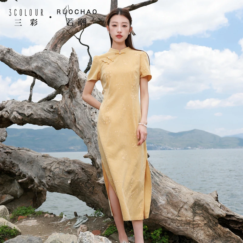 【商城专享】三彩大码女装秋季立领印花连衣裙国风收腰短袖