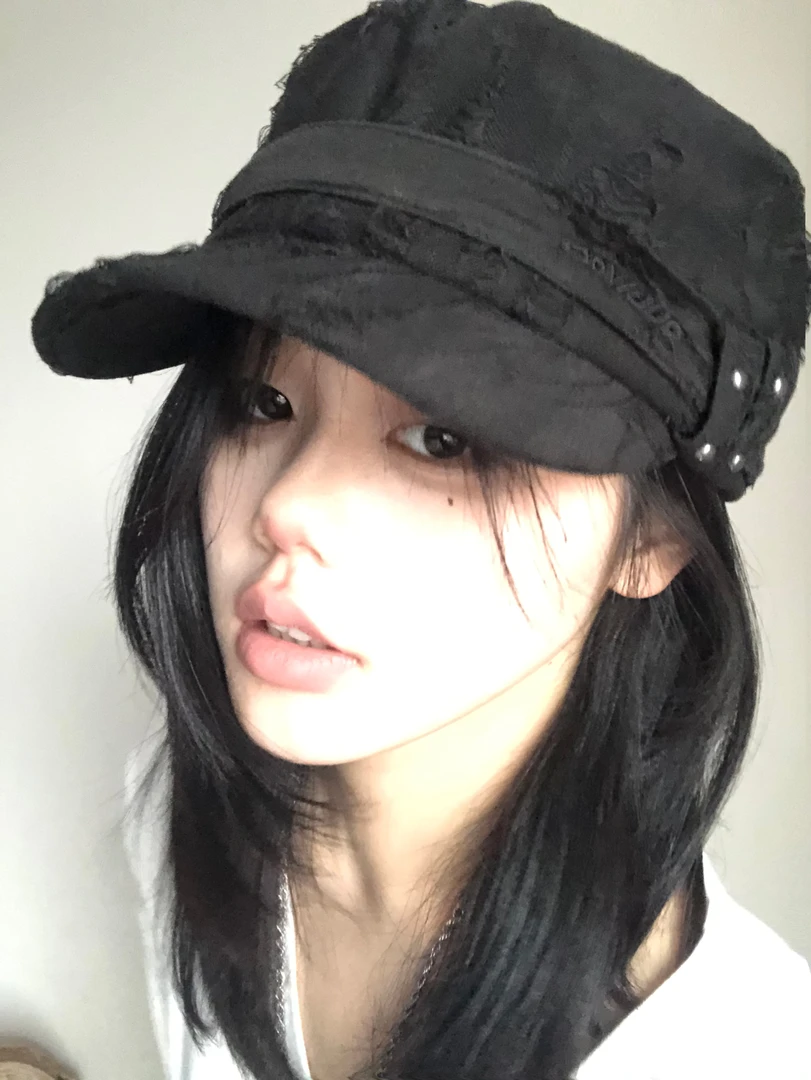 破洞废土风灰色平顶帽子女春夏季磨破做旧遮阳鸭舌帽宽帽檐贝雷帽