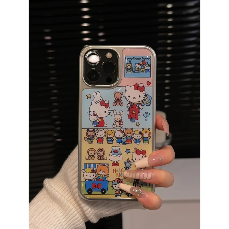 适用苹果16pro手机壳电镀相框大孔iPhone15小众拼接卡通kitty图案
