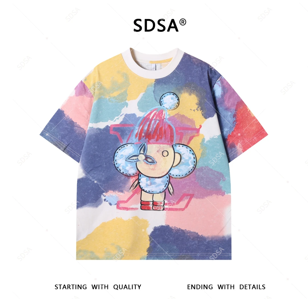 SDSA夏季新款男士痞帅抽象彩色涂鸦印花圆领短袖T恤宽松休闲百搭