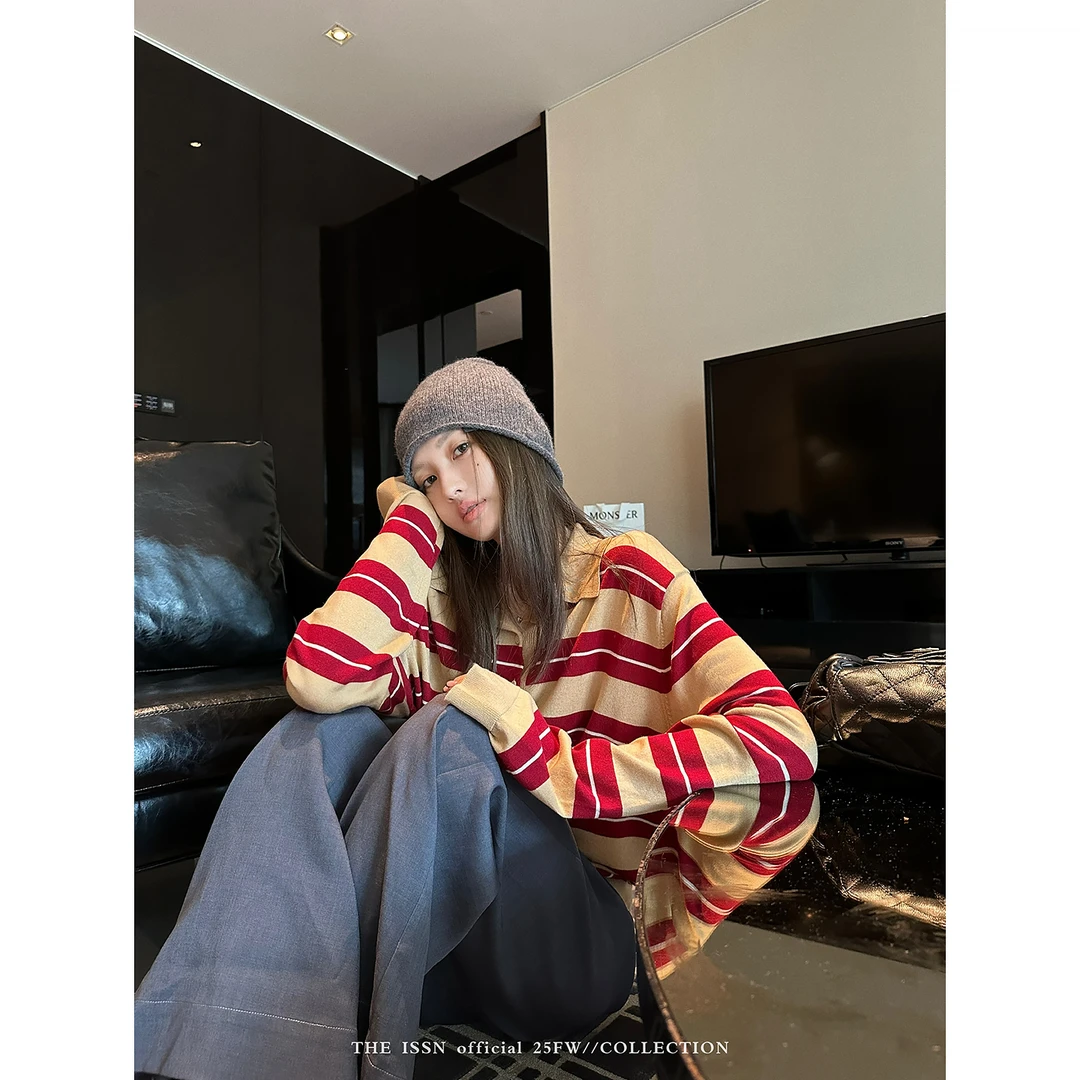 THEISSN宁司 polo领撞色条纹长袖T恤女早秋宽松上衣 01239