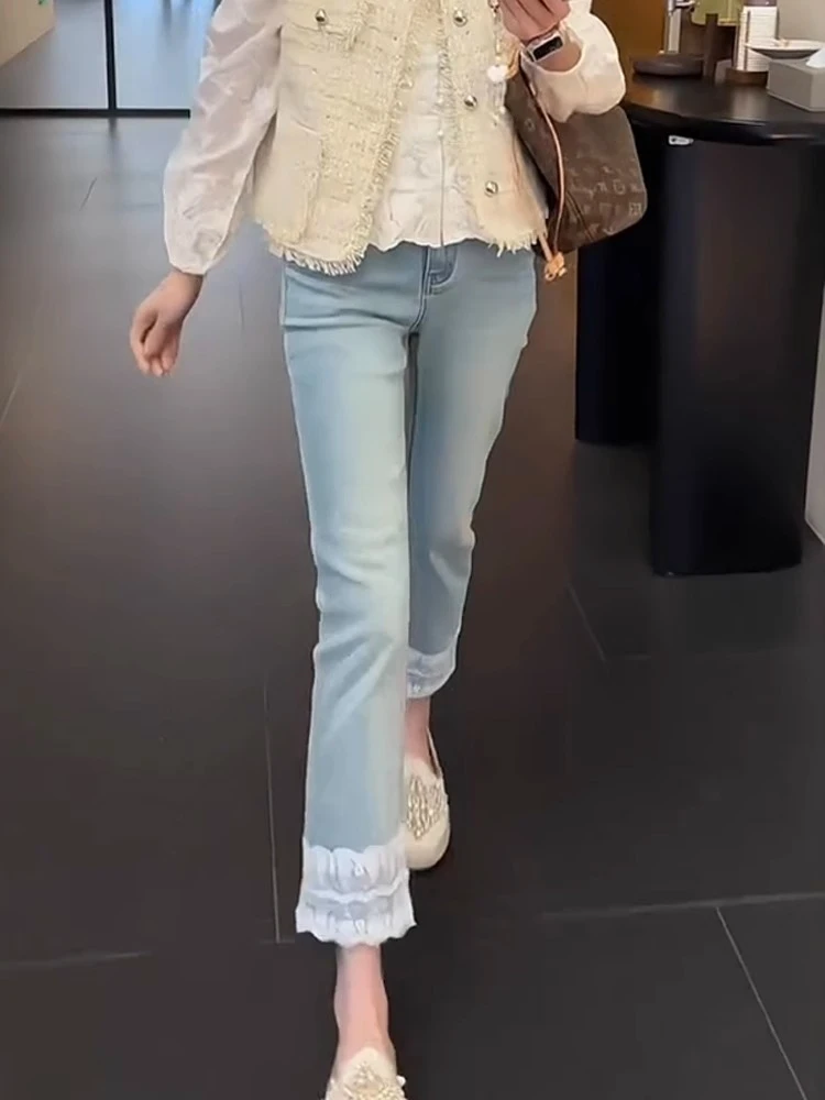 春季新款高腰显瘦九分直筒牛仔裤大码百搭蕾丝边弹力修身烟管裤子