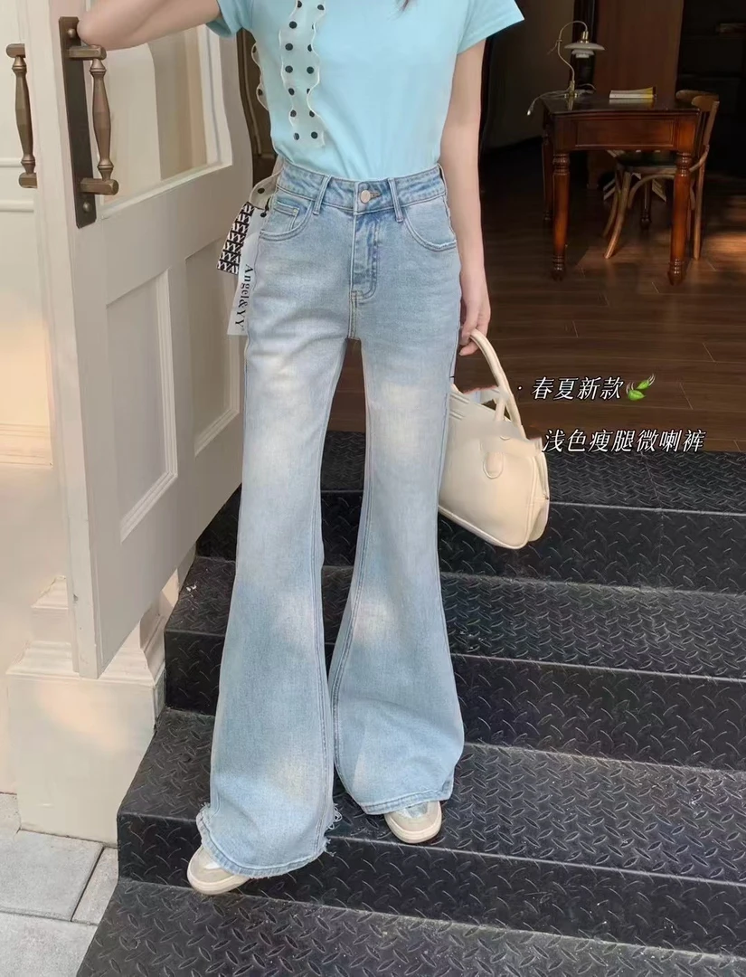 小妖精大码女装高腰显瘦直筒喇叭裤女春复古水洗