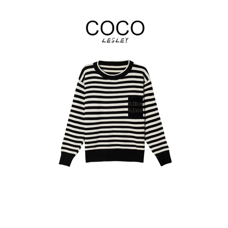 【COCO LESLEY】重工镶钻针织提花套头条纹上衣显瘦毛衣长袖圆领