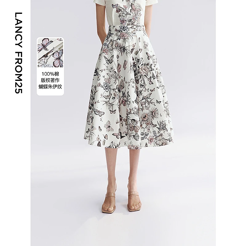 朗姿纯棉a字裙2025年夏季新款碎花粉色气质女士垂坠感独特半身裙