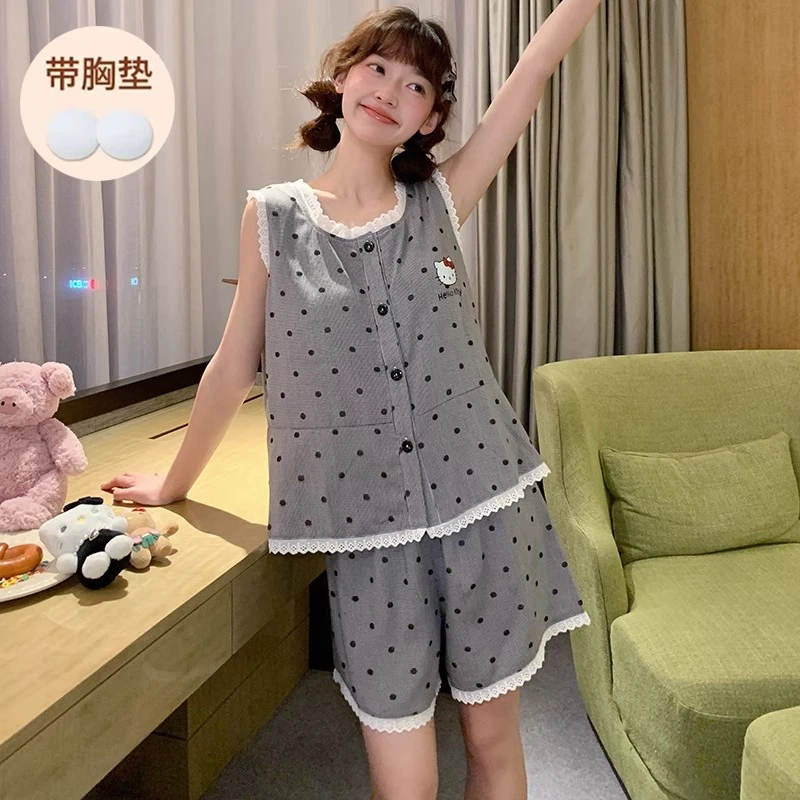可爱kitty猫睡衣女款夏带胸垫背心短裤2025新款网红款家居服套装