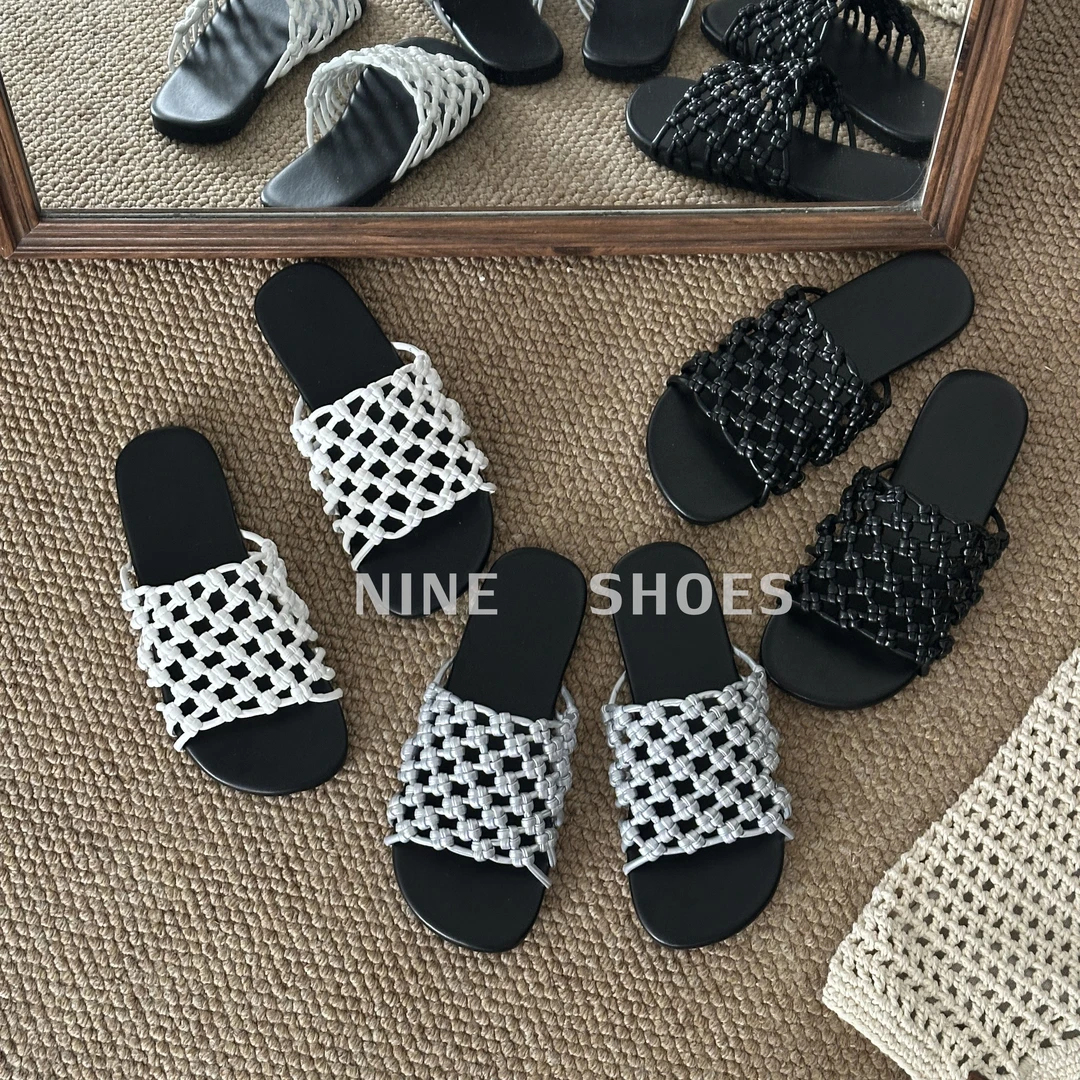夏季外穿韩版百搭沙滩露趾休闲平底镂空粗编织透气渔网一字拖