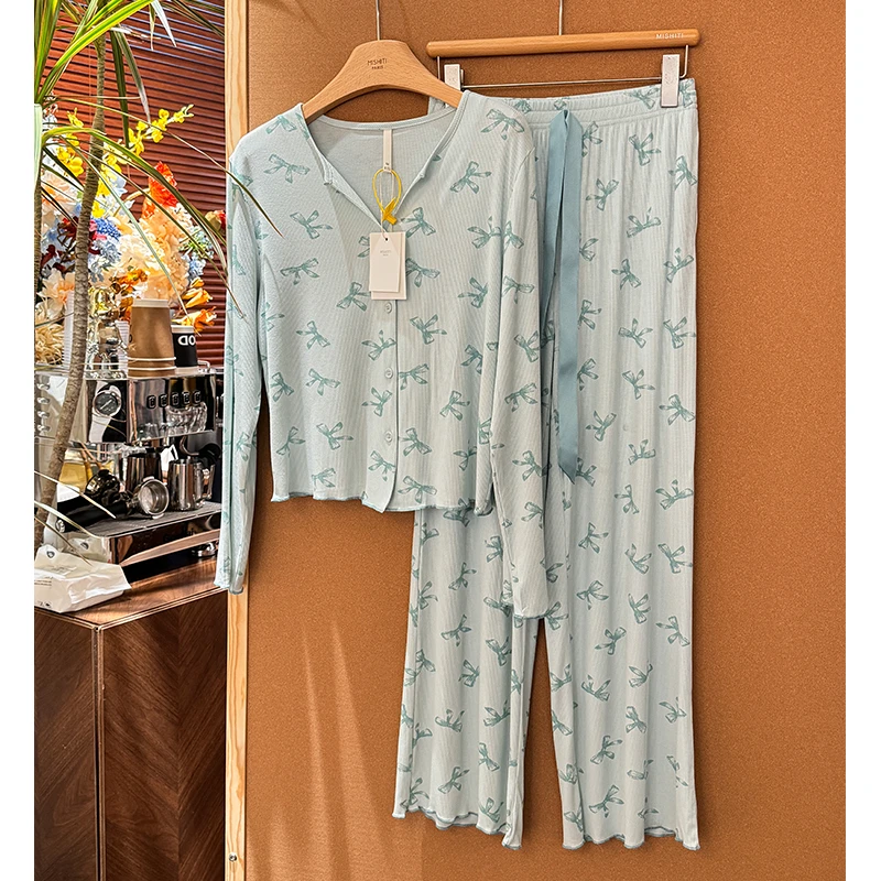 米诗缇【薄荷绿蝴蝶结两件套】小众时尚潮牌设计可外穿两件套家居服