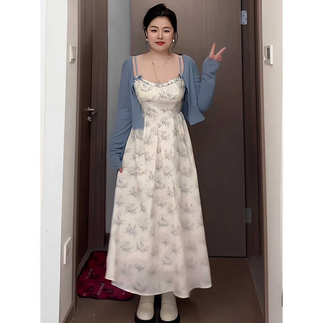 大码胖mm碎花吊带连衣裙女夏季甜美气质显瘦长裙子开衫套装女