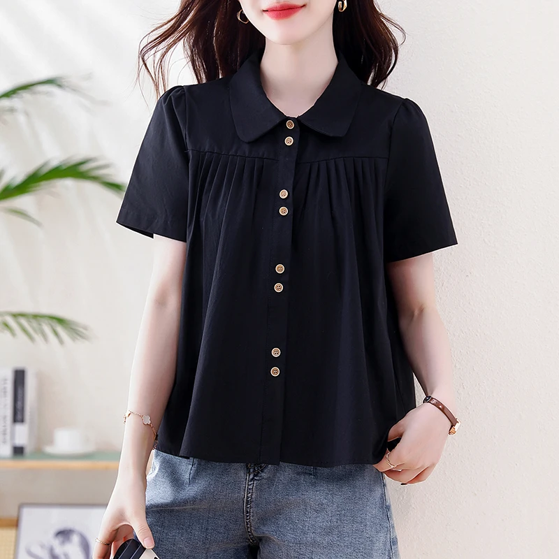 黑色翻领短袖衬衫女士夏季2025新款夏装衬衣女气质宽松小衫上衣夏