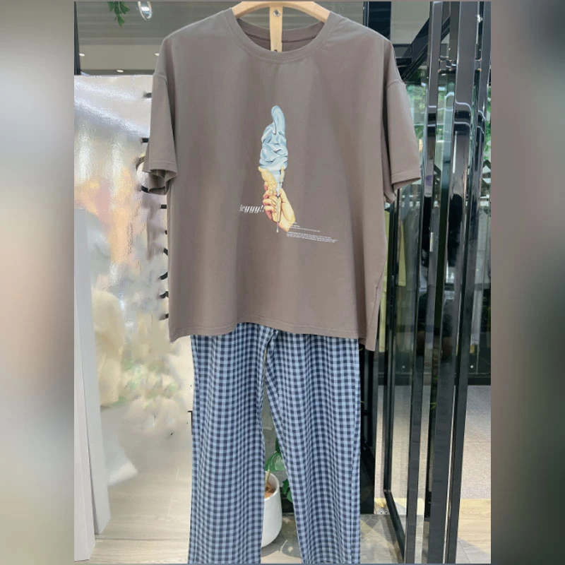 女生透气夏季带胸垫青年女睡衣短袖长裤印花休闲卡通家居服D83201