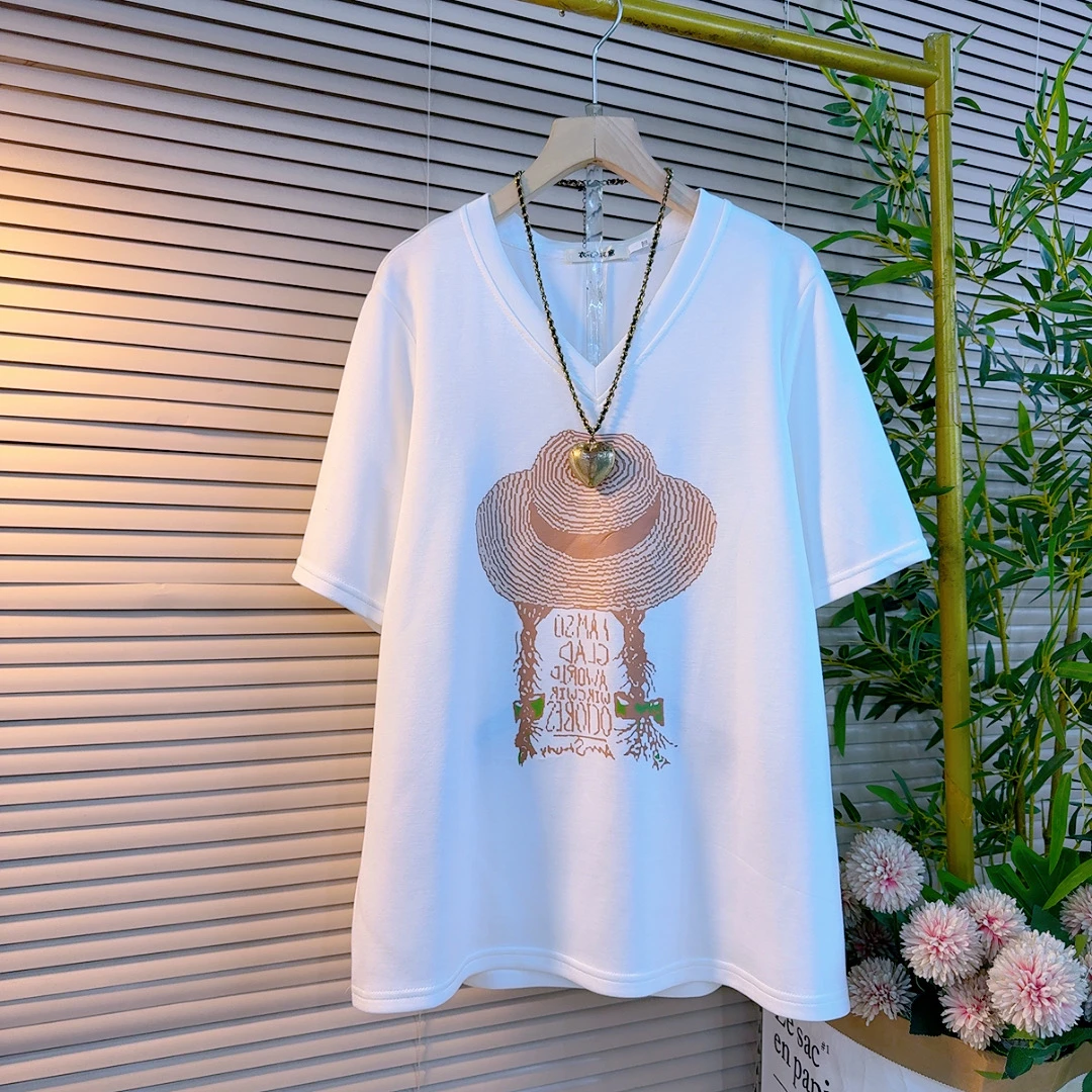 9229胖妹妹欧货时尚甜美减龄款彩色草帽印图设计感圆领短袖百搭衫