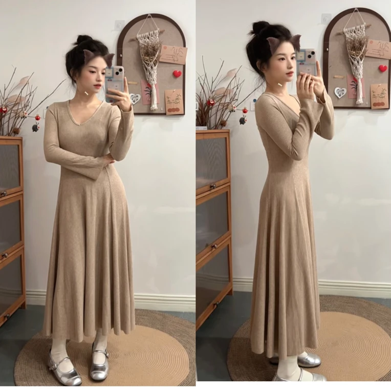 小个子秋冬显瘦瘦腰大裙摆垂感针织长裙连衣裙81050