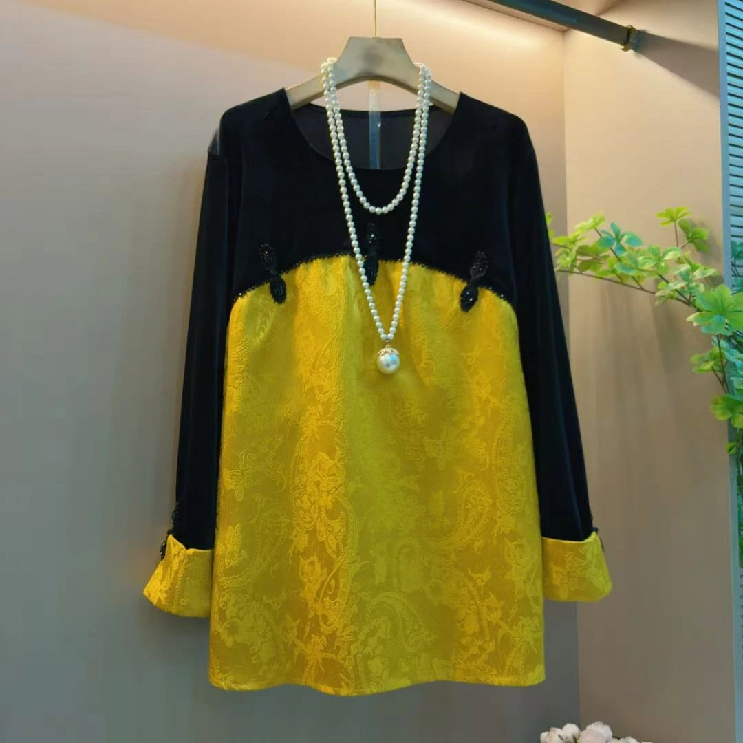 新款撞色拼接中式洋气宽松时尚轻奢显瘦遮肉上衣（衣长69左右）