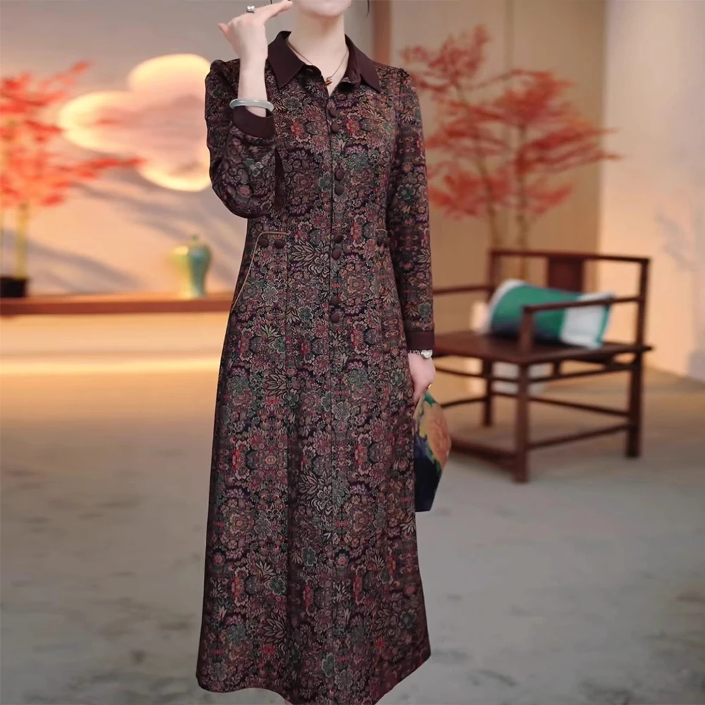 高端气质印花连衣裙女装2025春季新款大牌翻领时尚减龄中长款裙子