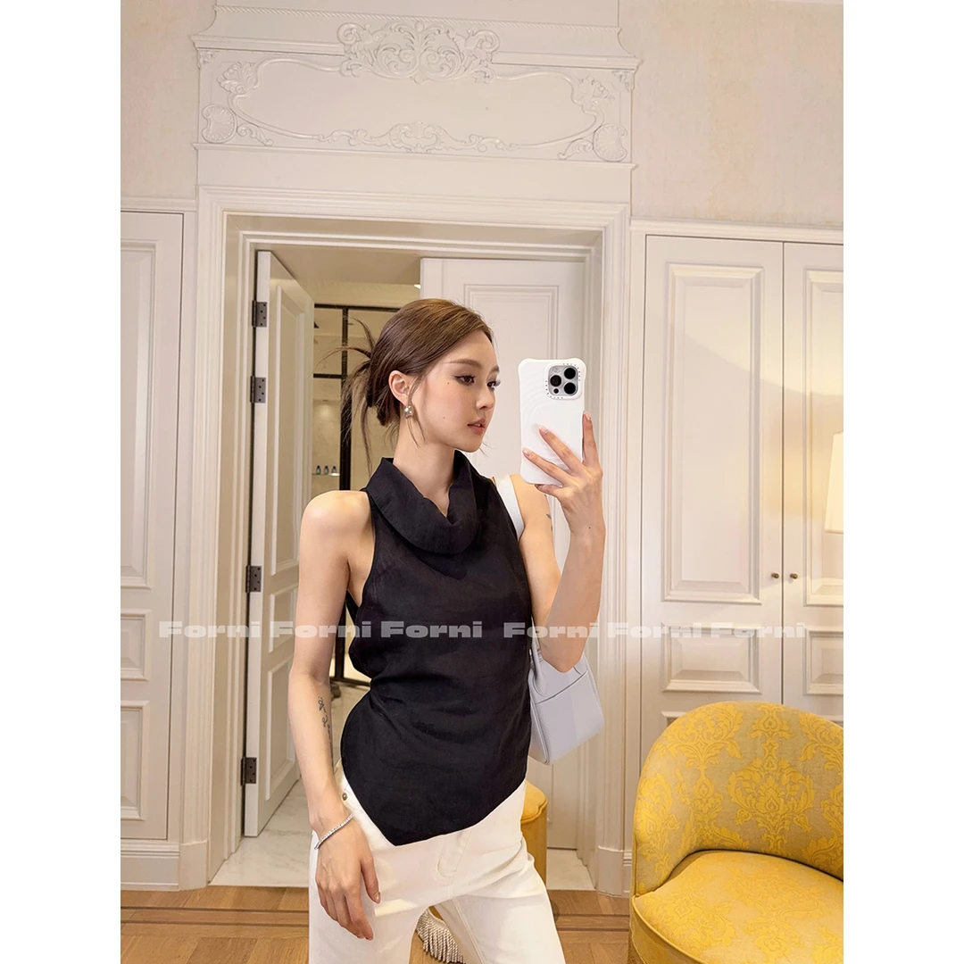 FORNI 迷人直角肩 高智优雅通勤风天丝翻领无袖绑带背心小衫