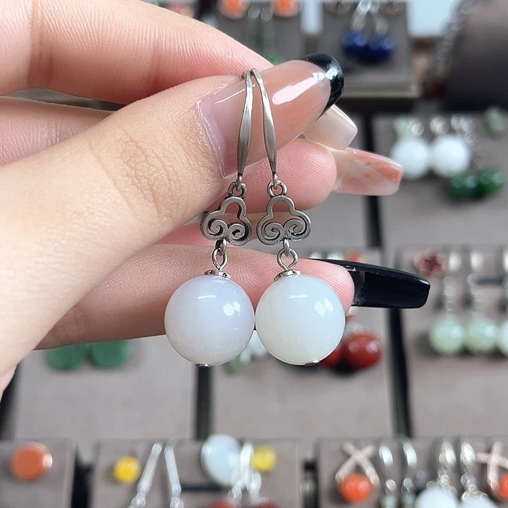 和田玉银S925镶嵌耳饰12左右