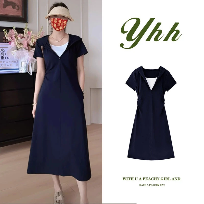 假两件连帽连衣裙女夏季2025新款休闲复古法式显瘦收腰短款短袖裙