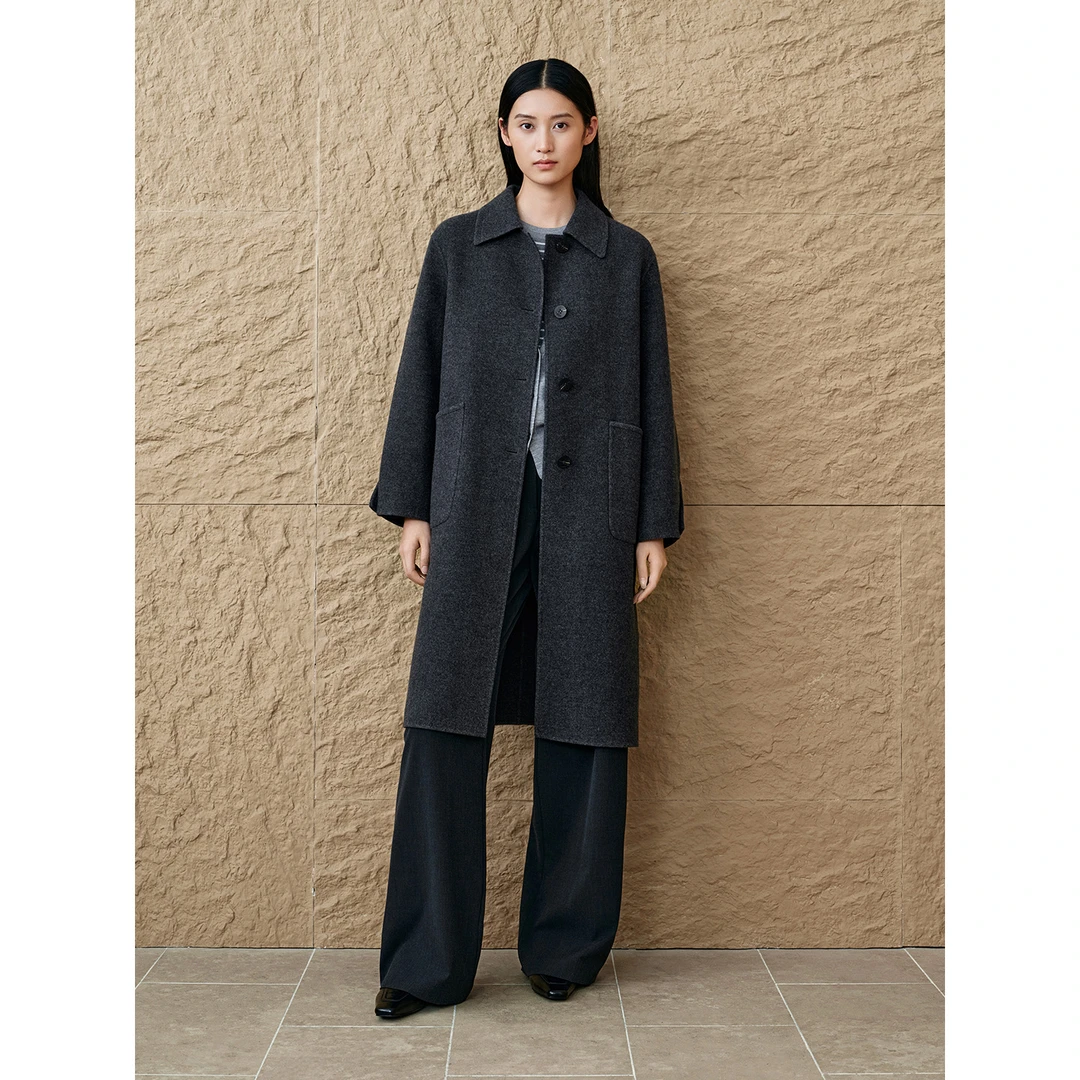 INSUN恩裳专选2025秋季翻领长款羊绒羊毛大衣9C65380080