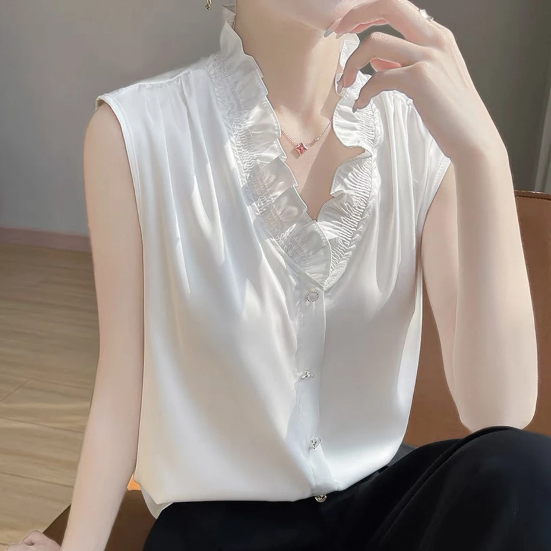 法式V领木耳花边丝滑缎面无袖衬衫气质内搭女叠穿背心打底百搭